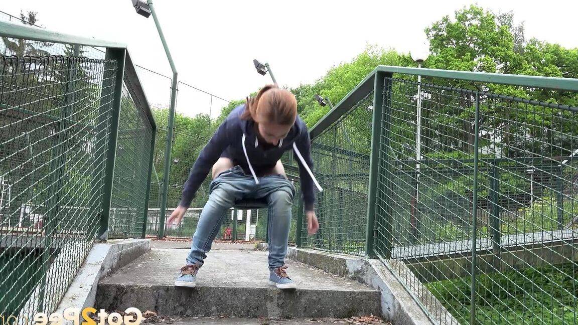 15P Antonia can't hold her pee any longer and relives herself on stone steps