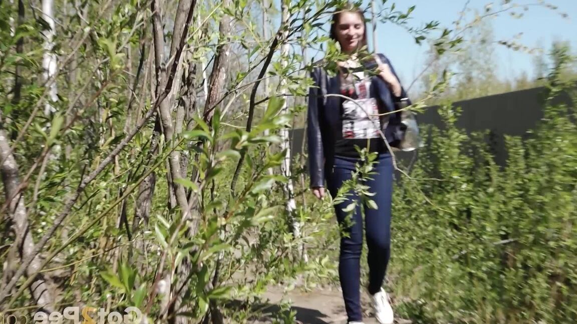 15P Distressed female Viktoria takes a badly needed piss on a mirror amid bushes