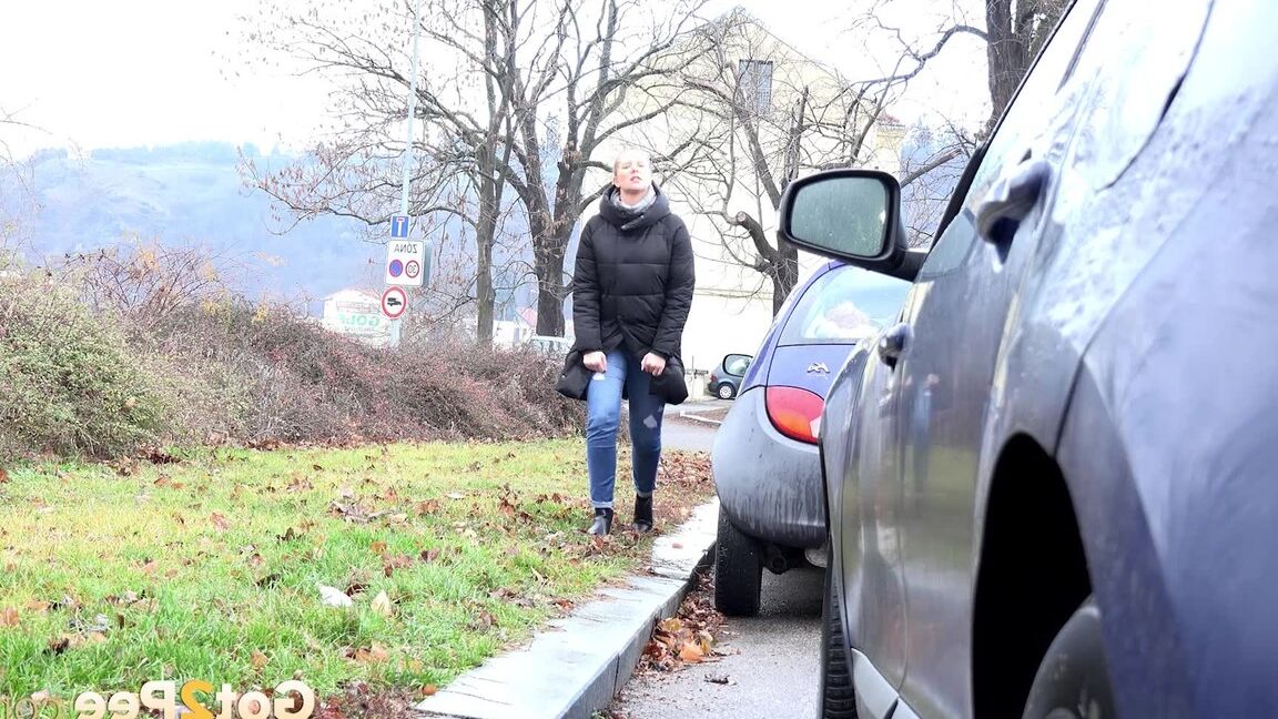 15P 金髪のひよこニッキー・ドリームが道路上の車両の後ろでおしっこをするためにしゃがむ