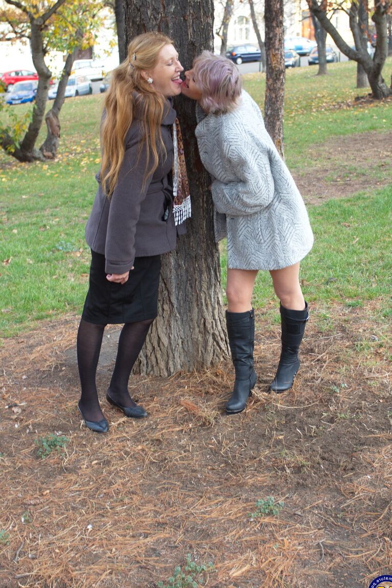 16P Mature lesbians flash upskirts on stairs while walking out in public