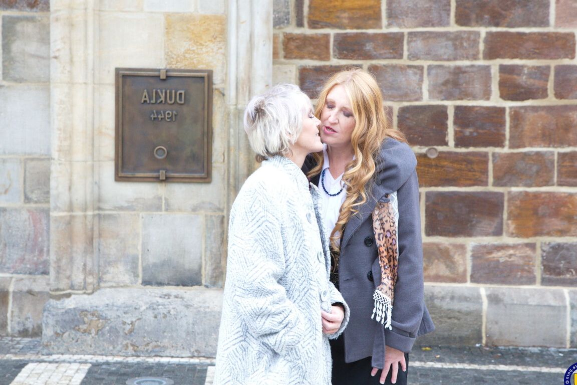 16P Mature lesbians flash upskirts on stairs while walking out in public