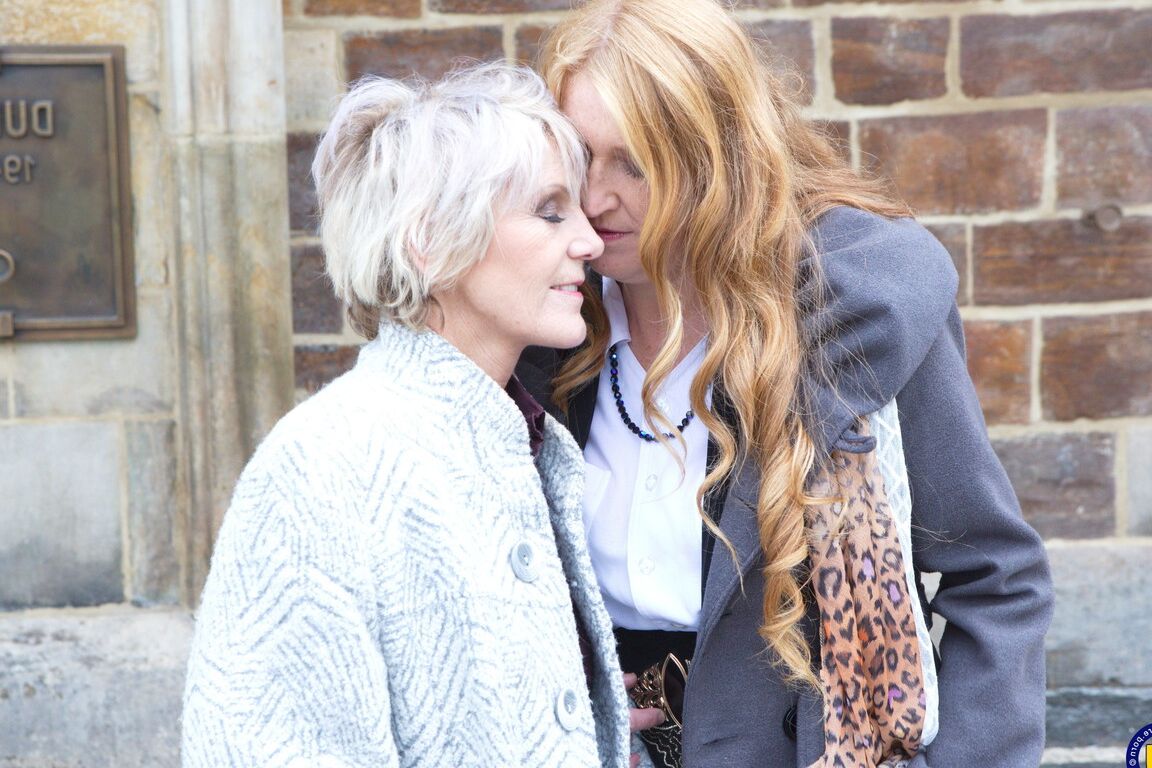 16P Mature lesbians flash upskirts on stairs while walking out in public
