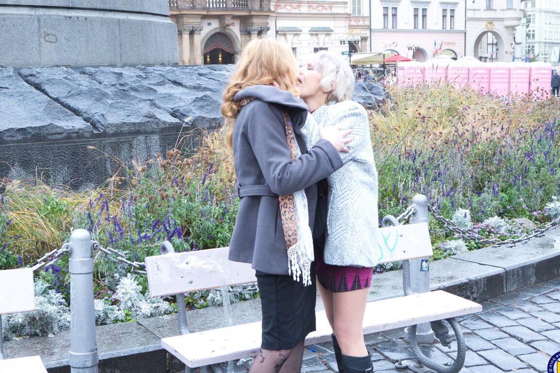 16P Mature lesbians flash upskirts on stairs while walking out in public