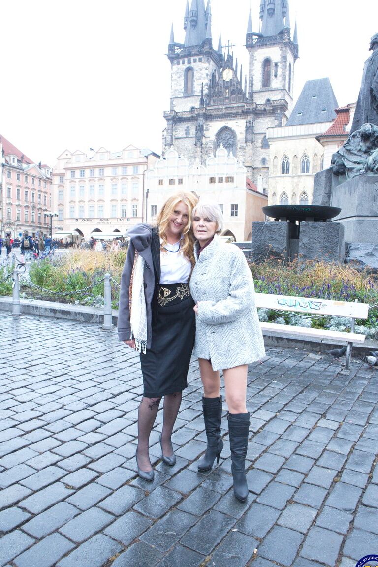 16P Mature lesbians flash upskirts on stairs while walking out in public
