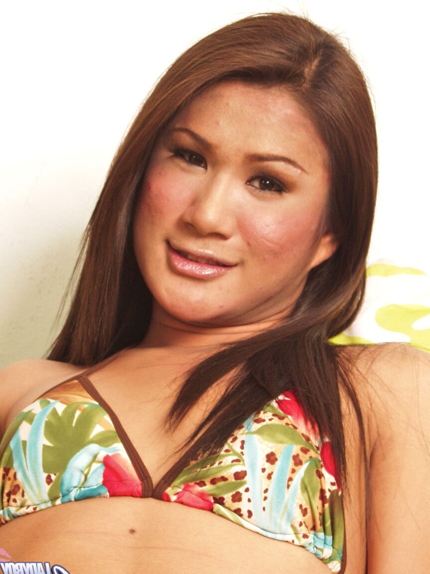 17P Asian ladyboy Balloon peels bikini to show small tits & tease while stroking