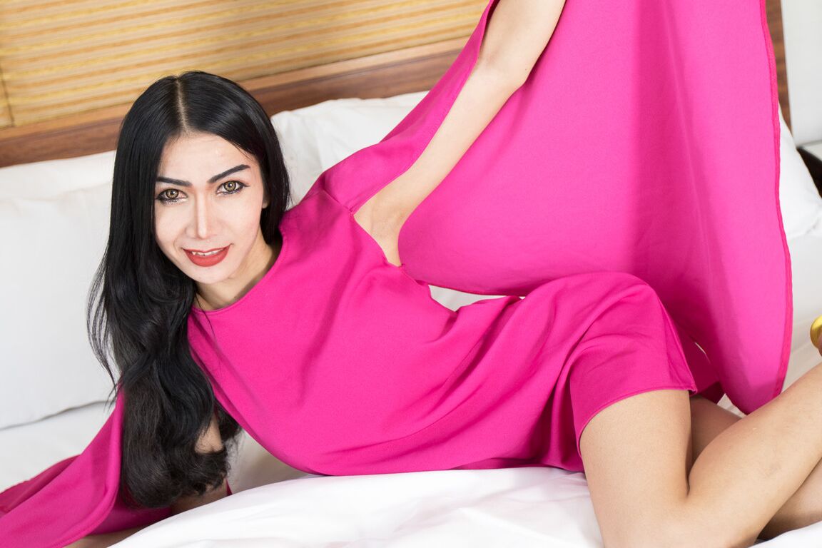 17P Ladyboy de pelo oscuro abre sus largas piernas para exponer su polla transexual
