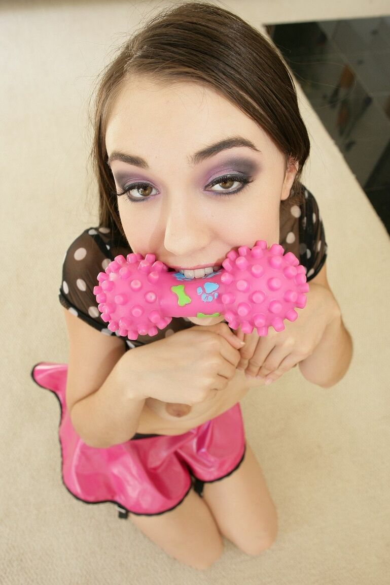 12P Small titted brunette Sasha Grey licking toilet in latex mini skirt