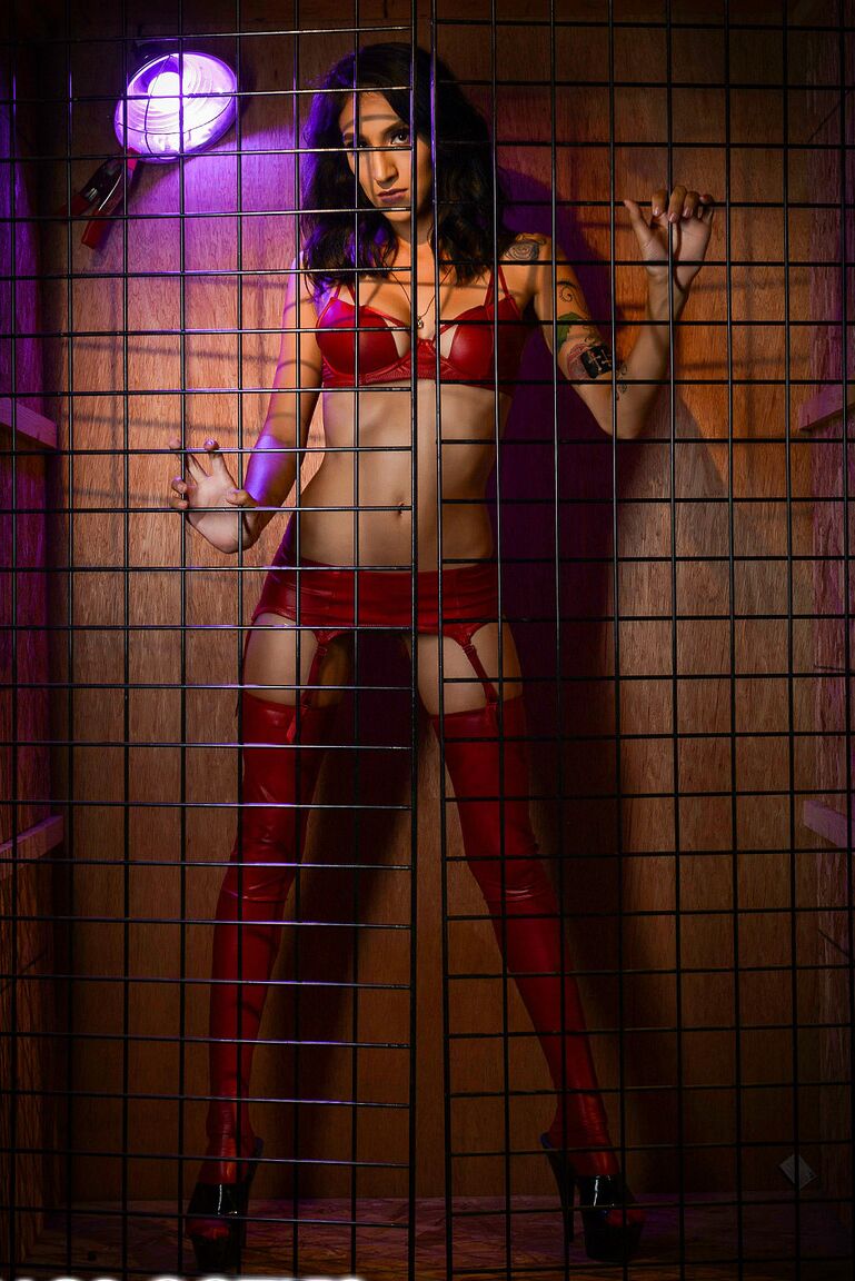 17P Preciosa morena en lencería roja sexy Destiny Lovee posando en una jaula