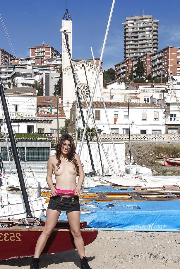 16P Latina babe model Julia Roca flashing white upskirt underwear on rooftop
