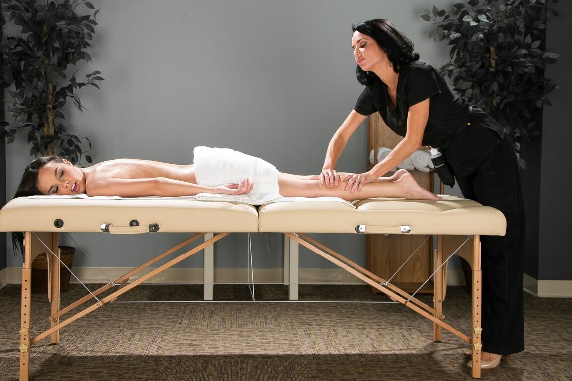 21P Hot brunette Dillion Harper enjoys satisfying threesome on the massage table