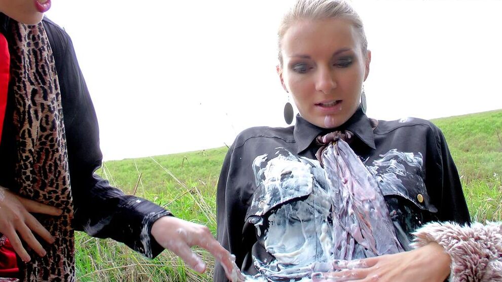 15P Clothed lesbians douse each other if food stuffs while in a field