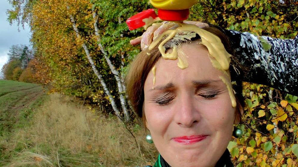 15P Clothed lesbians douse each other if food stuffs while in a field