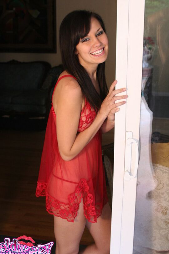 12P First timer Kaydin slips off red lingerie and a matching thong to get naked
