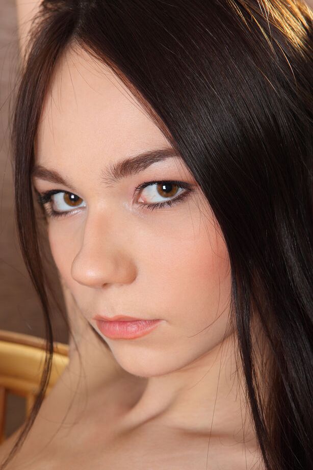 16P 18 year old brunette with long legs removes high heels to model totally naked