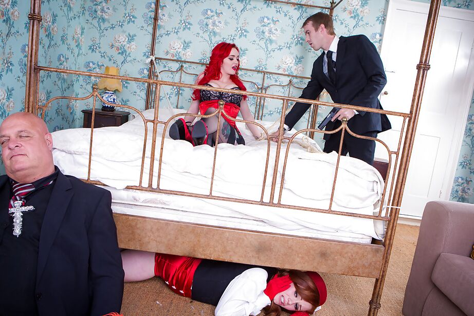16P Redhead bellhop Ella Hughes joing Jasmine James for threesome in hotel room