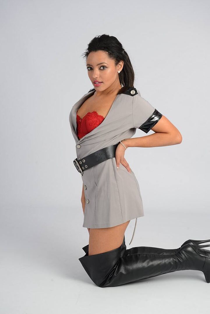 15P Solo model wears thigh high leather boots and uniform during non nude action