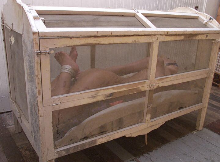 21P Nude blonde Janay getting tied up and locked up in the small cage