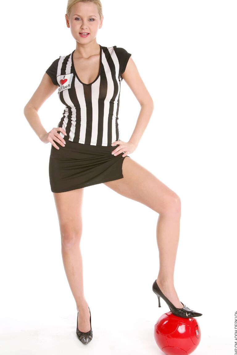 15P Leggy blonde Lucianna plays with a ball while getting naked in pointy heels