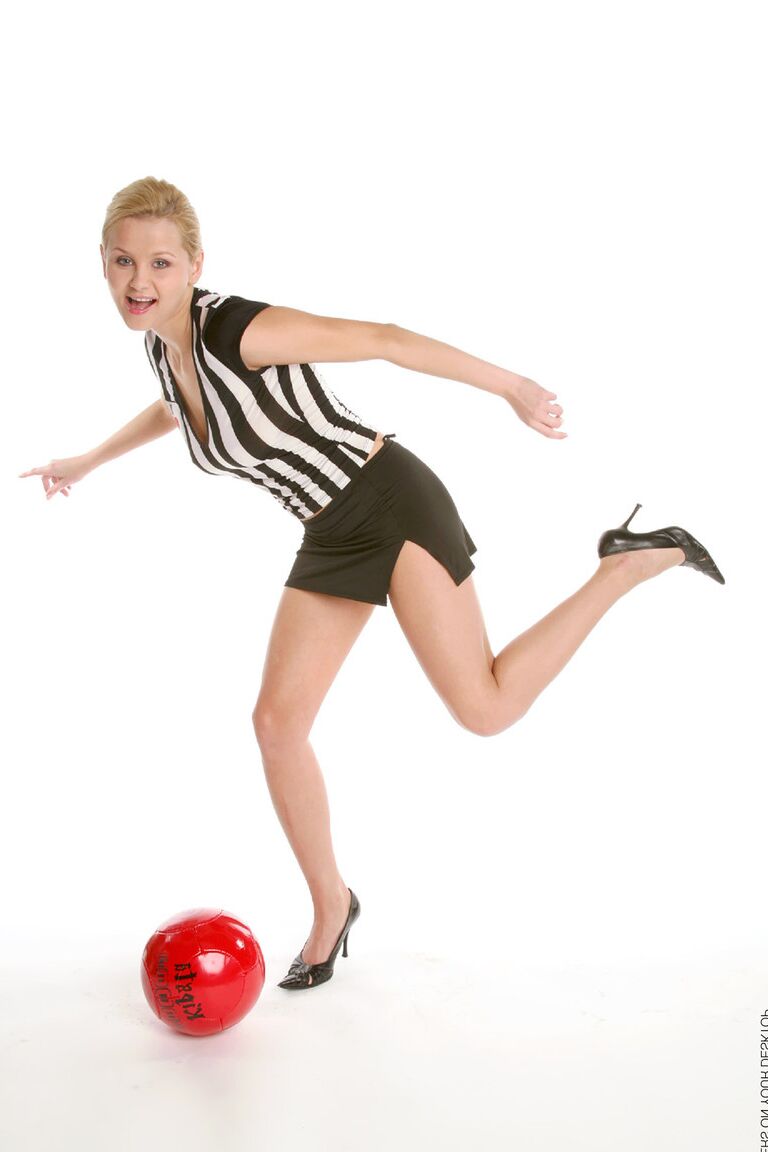 15P Leggy blonde Lucianna plays with a ball while getting naked in pointy heels
