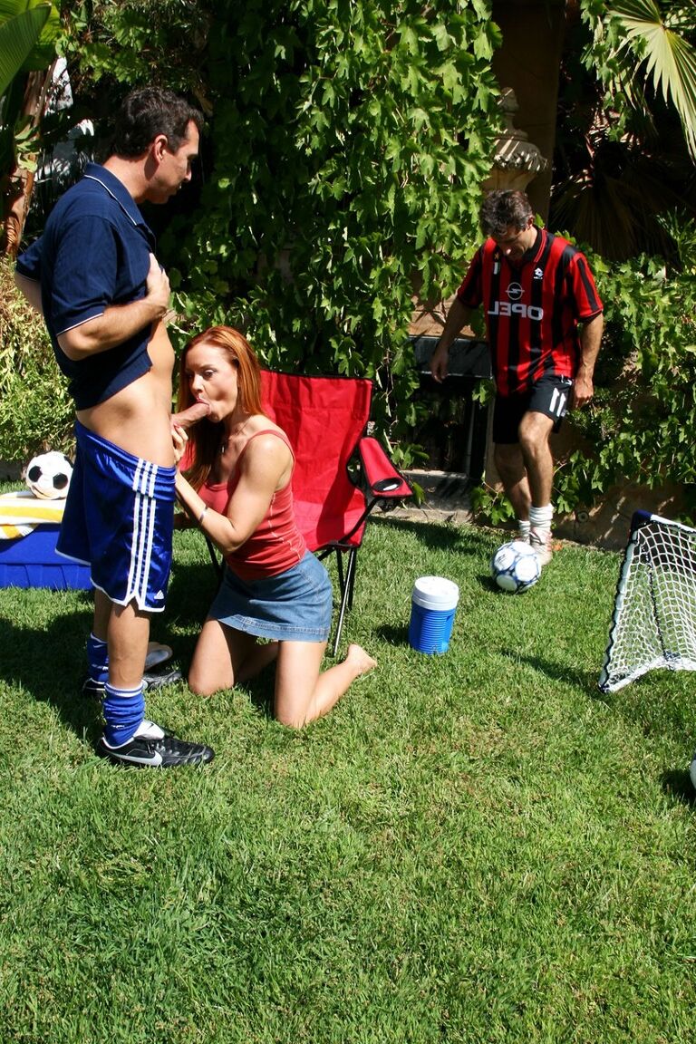 21P Uninhibited mature Janet Mason give garden blowjob & gets nailed in threesome