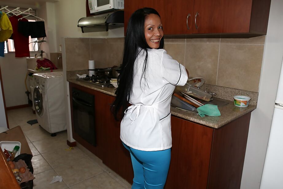 16P Brunette maid Casandra shows off her ass in a tight uniform