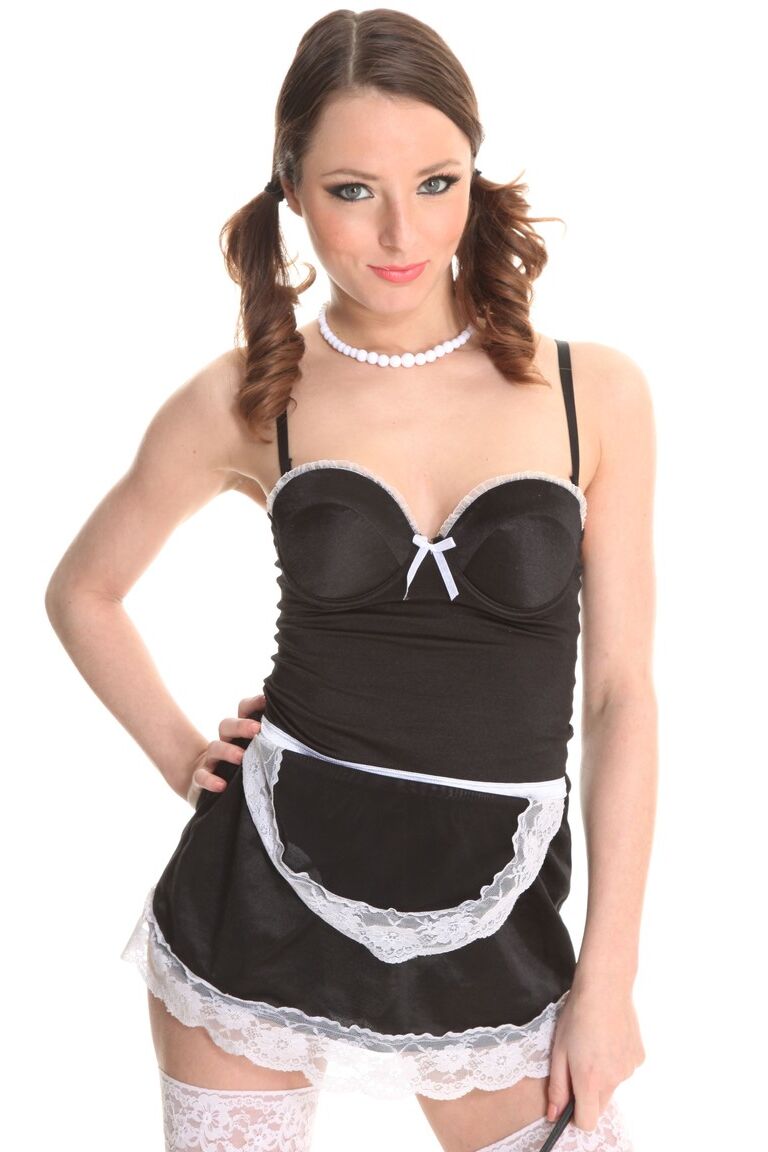 15P Pretty maid Mandy Match tugs on her pigtails after removing her uniform