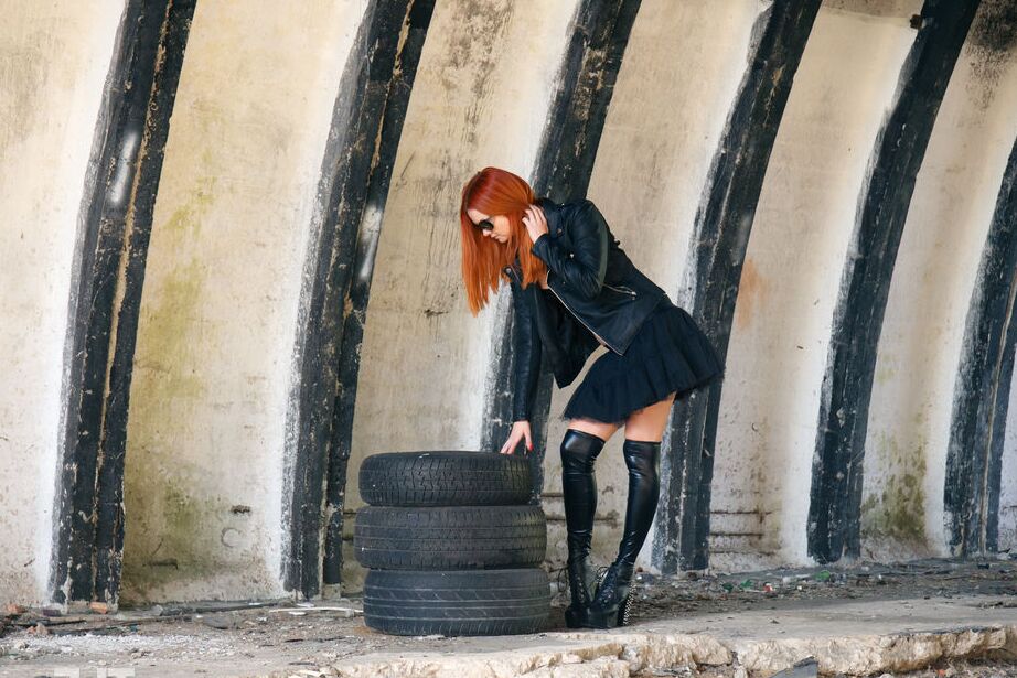 16P Pale redhead Ginger Z masturbates with a sex toy underneath an overpass