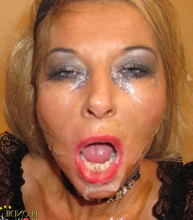 14P Mulher branca Blondie Blow abre bem a boca para gozadas faciais