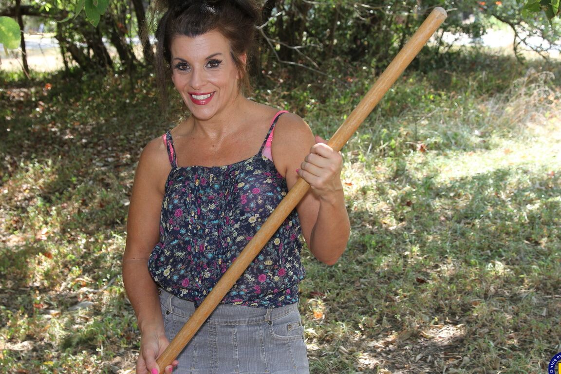 16P Older first timer Vivianne masturbates after a no panty up skirt in the yard