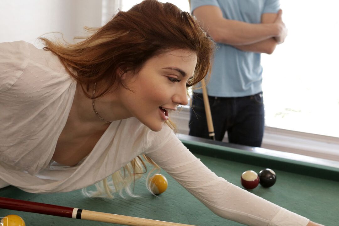 16P Young redhead gets fucked by a large cock on top of a pool table
