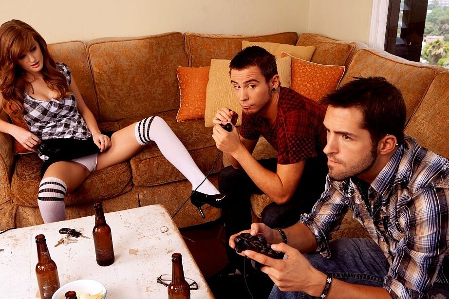 12P Horny redhead Faye Reagan seduces a couple of gamer boys in OTK socks
