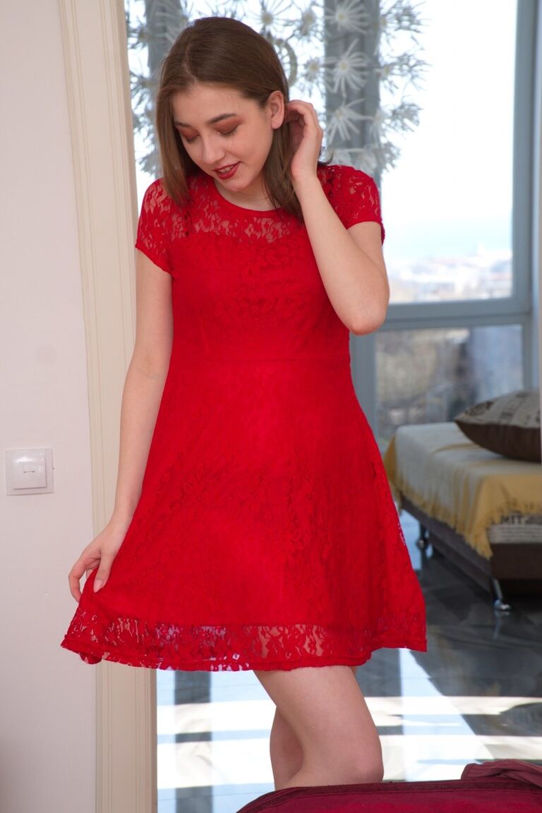 21P Brunette teen Eliza Thorne gets stripped and banged from behind on a bed