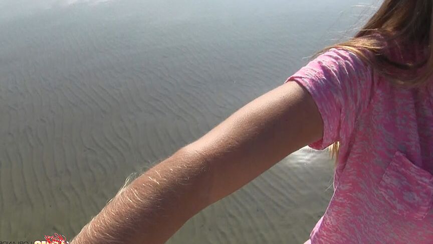 14P Amateur chick Lori Anderson shows off incredibly hairy forearms by the water