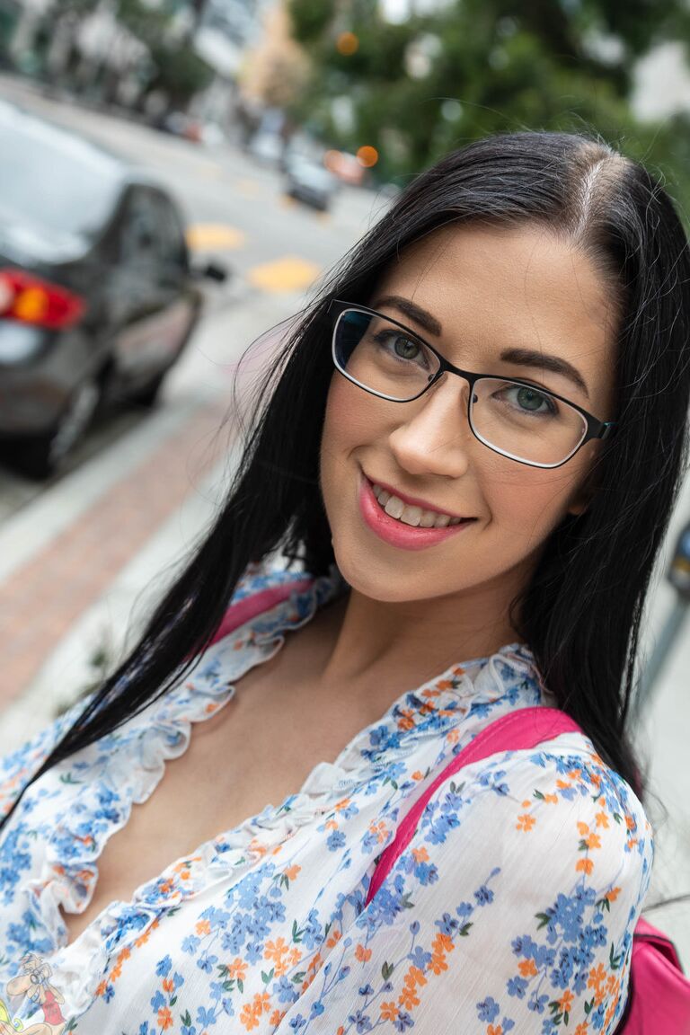 15P Dark haired geek removes her glasses and dress before riding a big cock