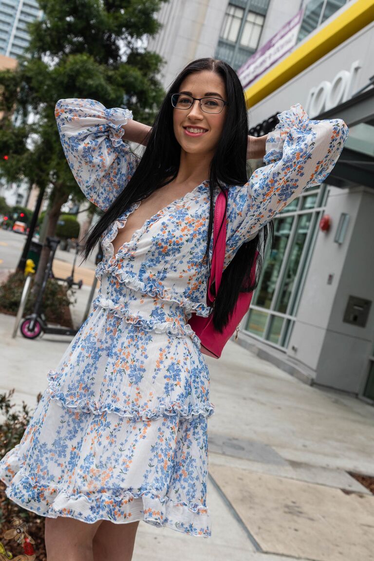 15P Dark haired geek removes her glasses and dress before riding a big cock