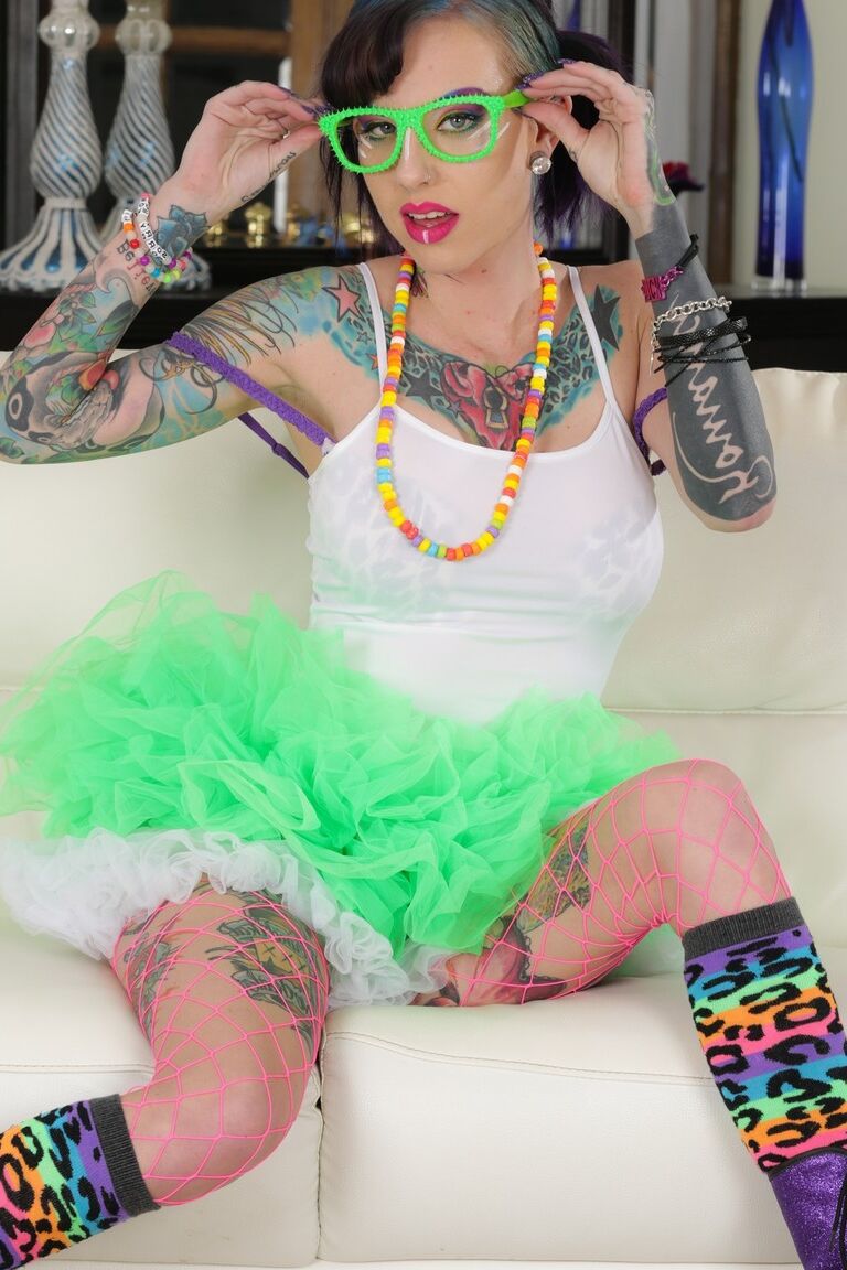 15P Tattooed slut Romance in glasses & socks with boots stretching bald twat