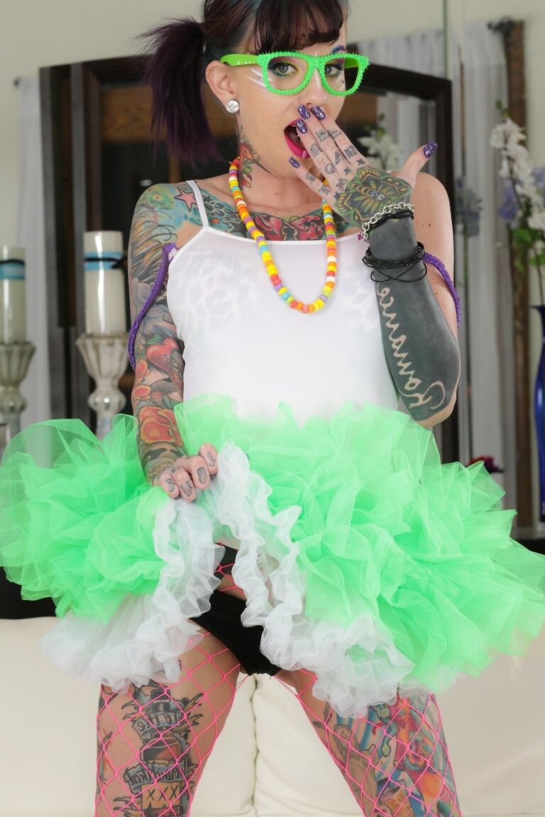 15P Tattooed slut Romance in glasses & socks with boots stretching bald twat