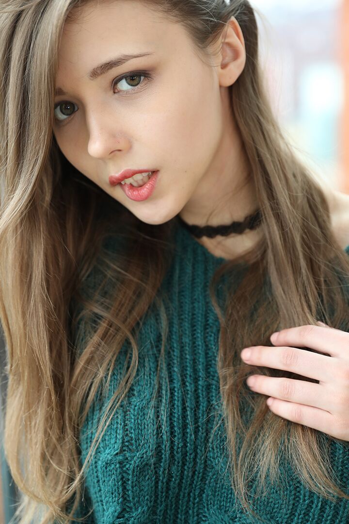 18P Beautiful teen frees her natural tits from a sweater before spreading her twat