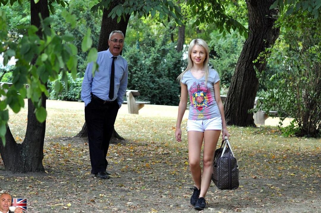 13P Young blonde out for a walk in long boots gets picked and banged by an old man