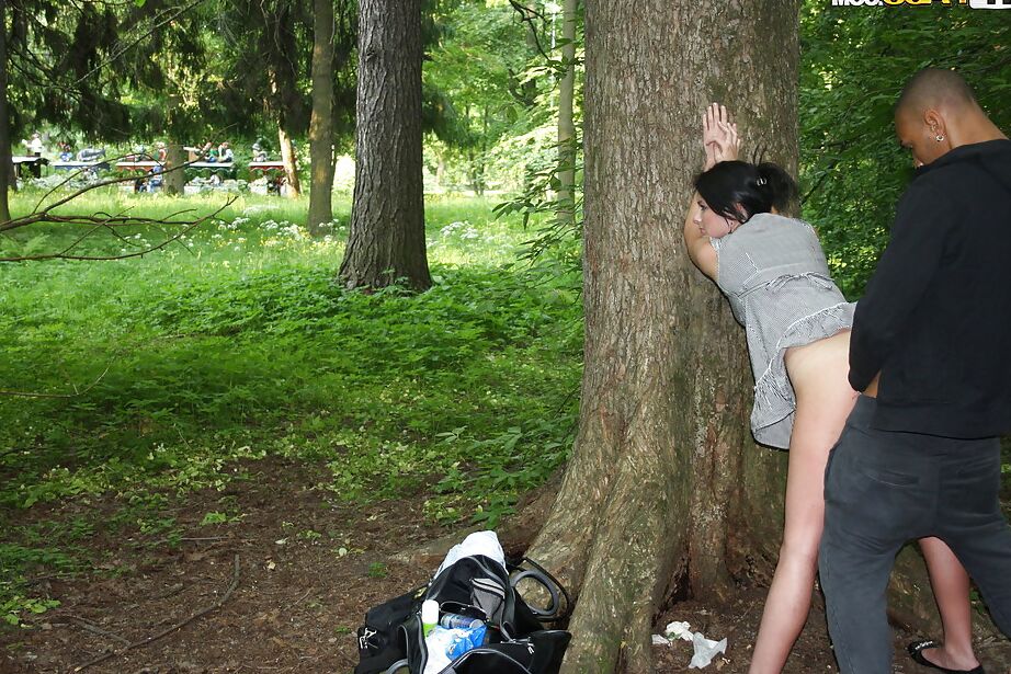 16P Slutty brunette gets picked up and fucked outdoor by two well-hung guys