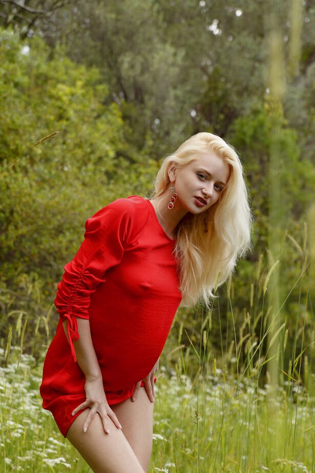 18P A loira natural Nika N tira um vestido vermelho para ótimas poses nuas em uma árvore