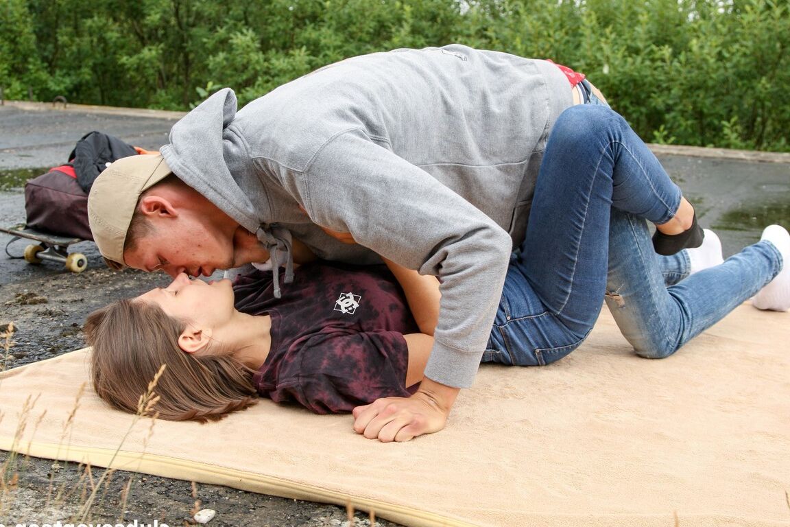 21P Brunette with small tits Grace Carson rides a boner in the middle of a road