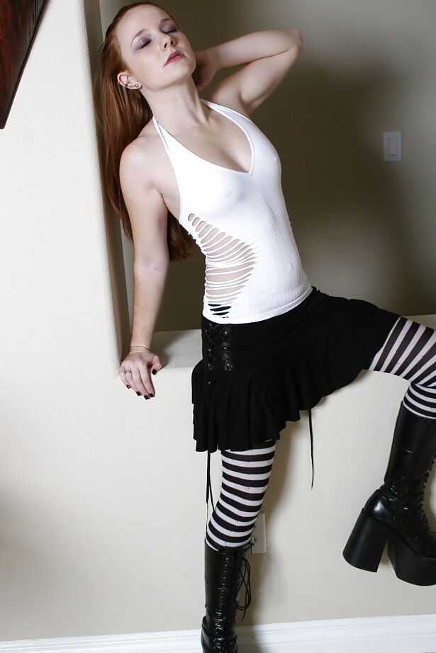 16P Redheaded alternative model Gypsy flashing upskirt pussy in long socks