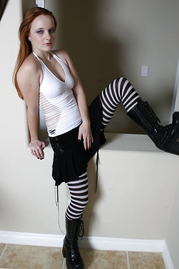 16P Redheaded alternative model Gypsy flashing upskirt pussy in long socks