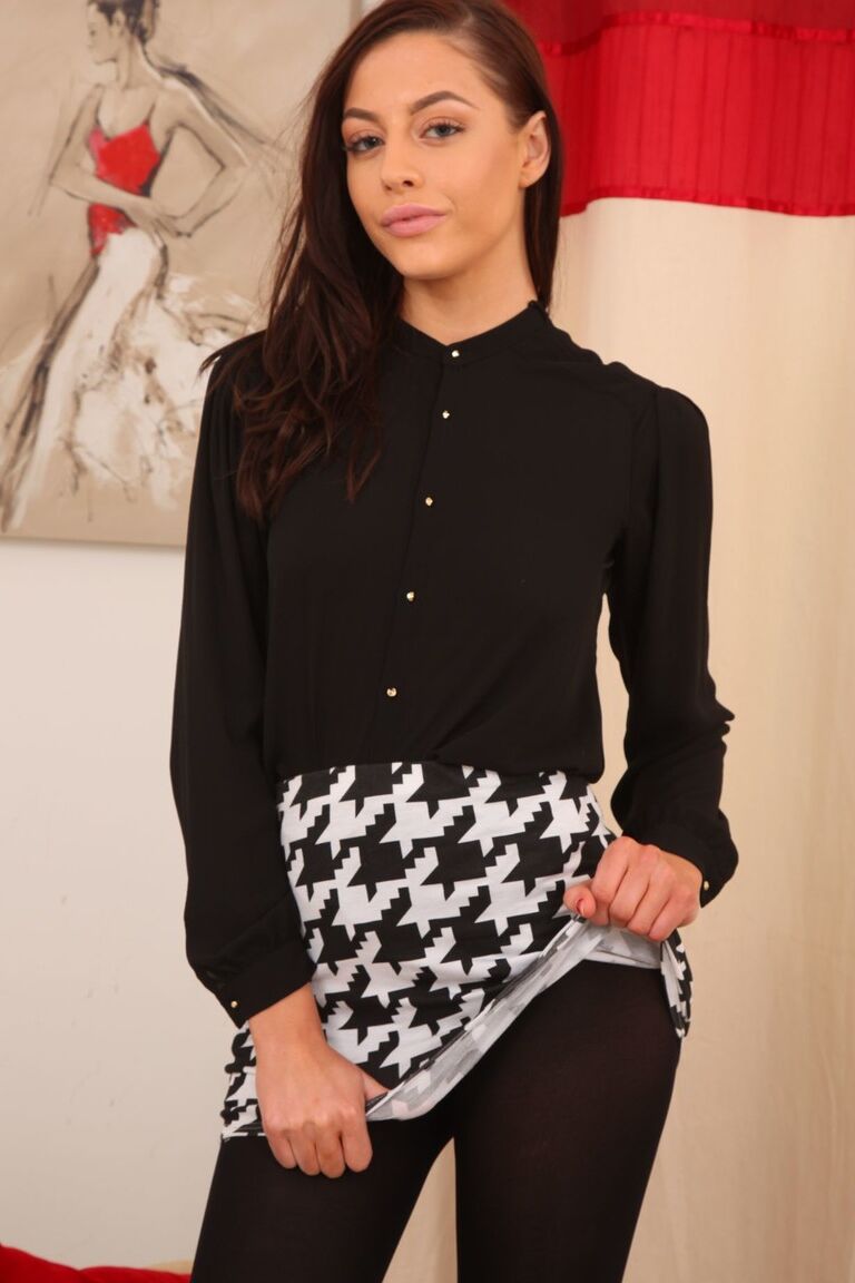 21P Beautiful college babe Maria removes black shirt to pose topless in tights