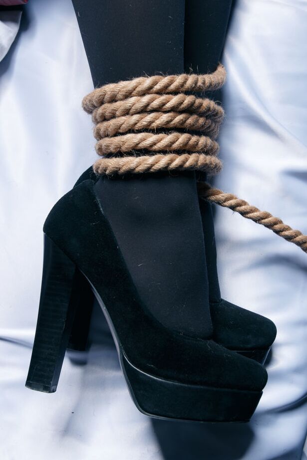 16P Dark haired teen Eva Kahil displays her shaved vagina while tied up with rope