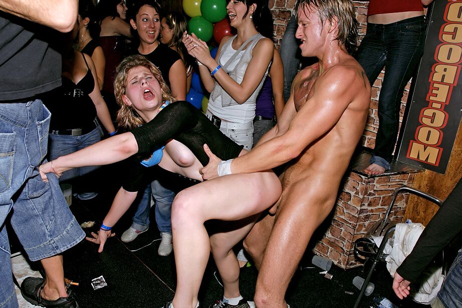 13P Dancing chicks get a little crazy and get on stag to fuck the male strippers