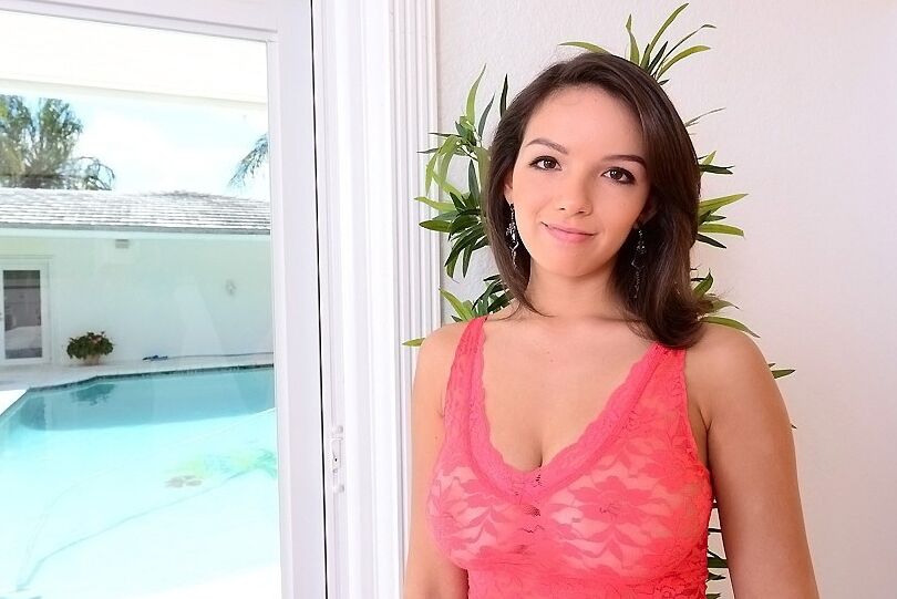 16P Smiley sweetie undressing and squeezing her big natural melons