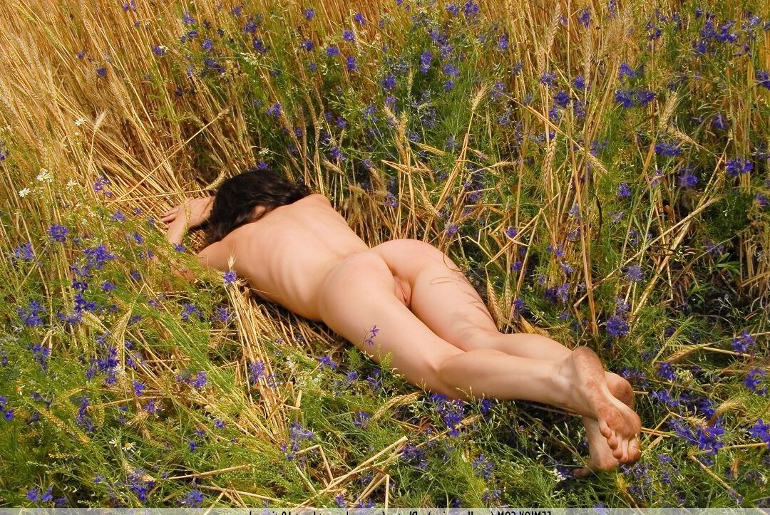 16P Thin teen Jadi models totally naked in a wide open field full of wild flowers