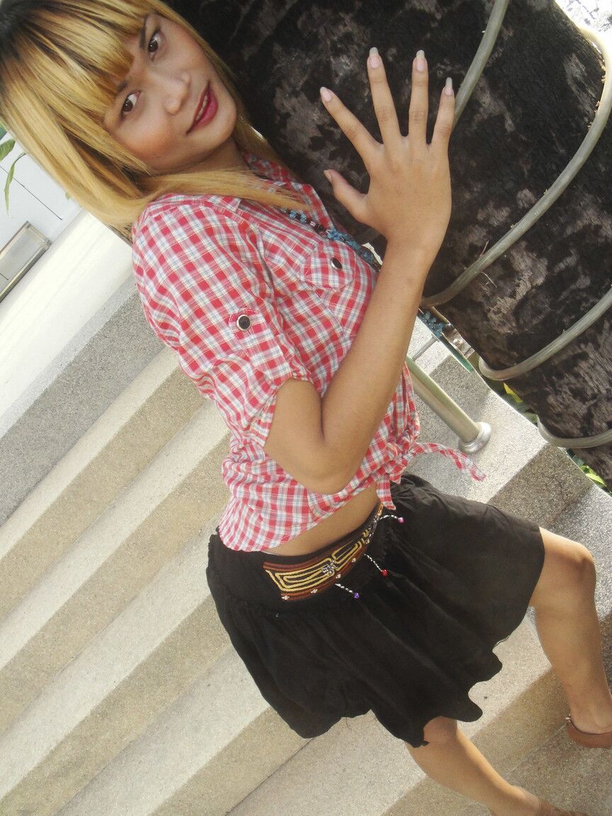 17P Ladyboy asiatique blonde avec une petite bite expose des nus au photographe en extérieur